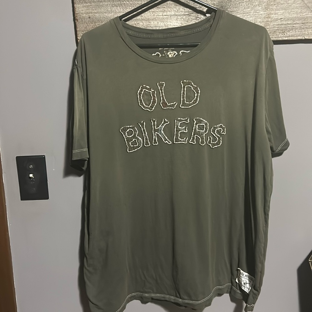 Y2K Vintage True Religion Camo BIKERS font distressed shirt